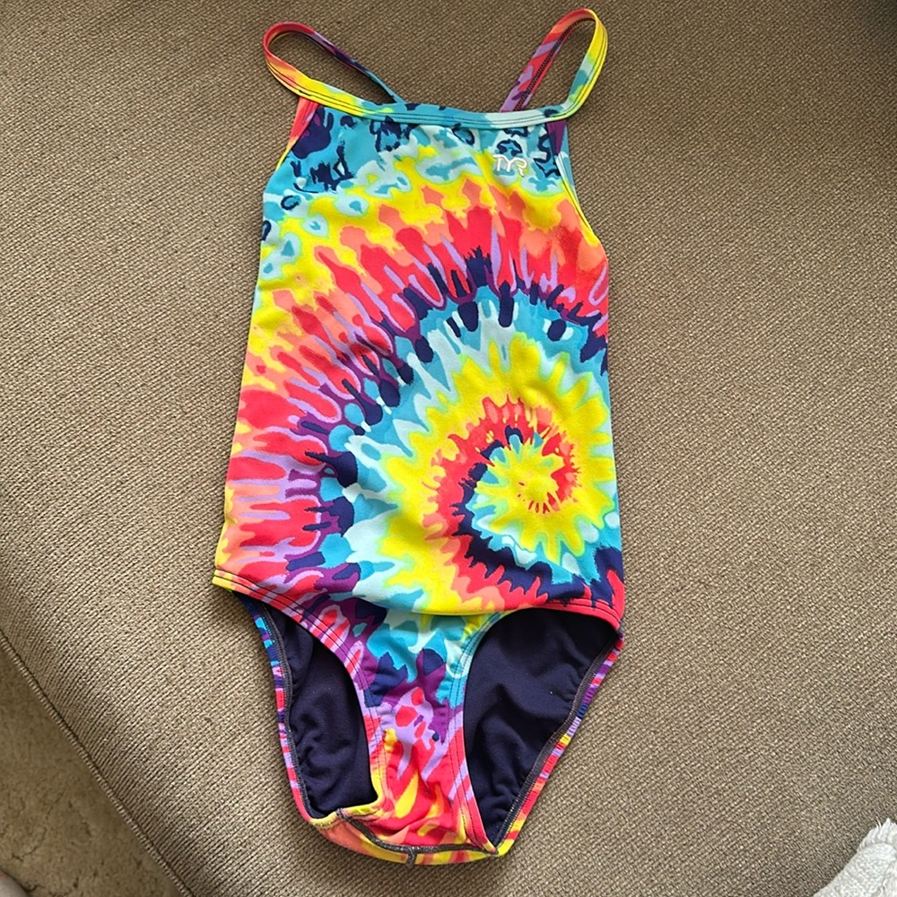 TYR girls tie dye swim suit team size 26 colorful red blue cross back one piece